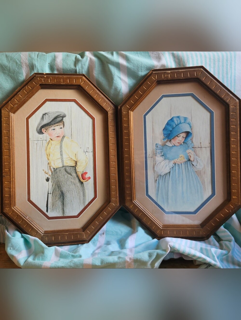 Kathleen Casey Framed Prints Prairie Days 1980s Boy Girl Hexagon Pair Vintage